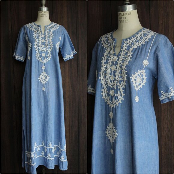 Vintage Dresses & Skirts - Vintage 1970s Caftan Dress, Blue Maxi Dress with White Embroidery, Traditional
